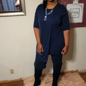 Women Casual Dressy Ribbed Knot 2-Piece Mid Sleeve Loose Pants Set Wide Leg